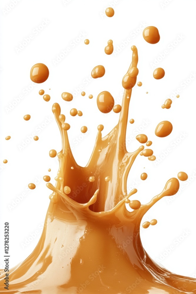 Poster dynamic splash of caramel liquid creating abstract forms against clean white background studio shot