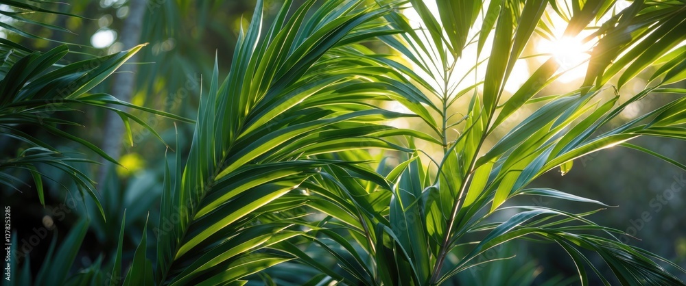 Poster lush palm fronds illuminated by backlight creating a serene atmosphere with space for text or graphi