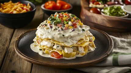 Fototapeta premium Layered Chicken Pasta Dish with Creamy Sauce and Vegetables
