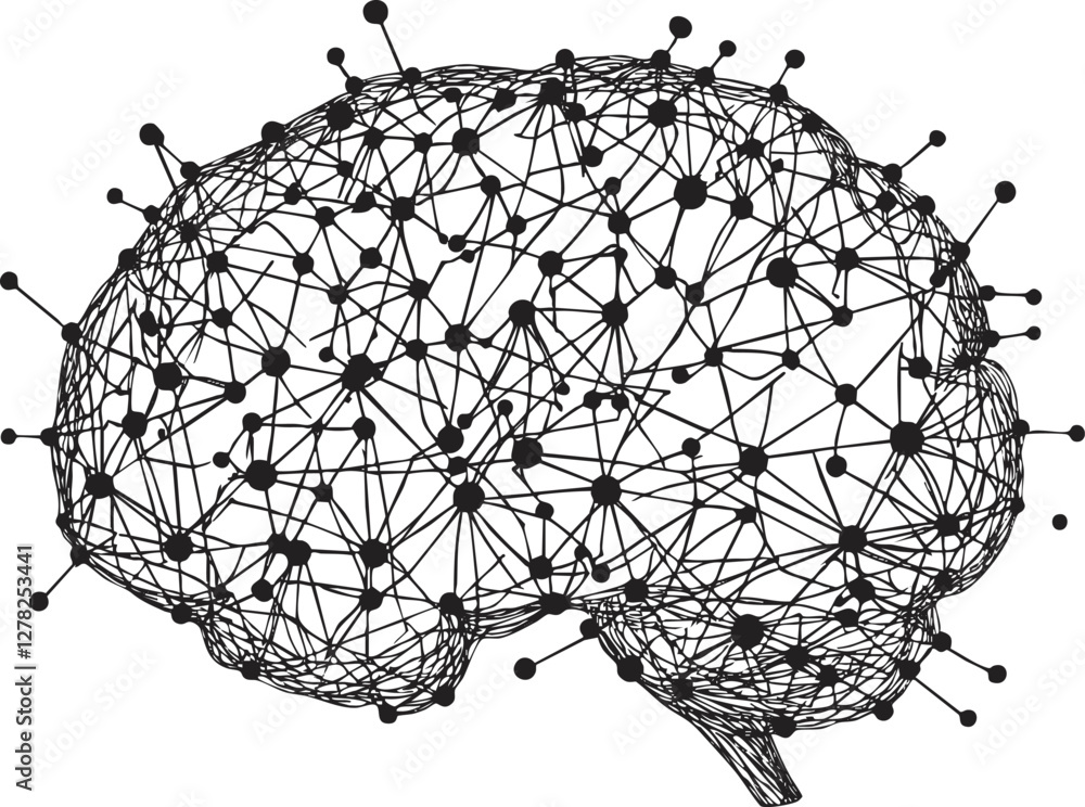 Poster abstract digital brain network illustration with interconnected nodes and lines.
