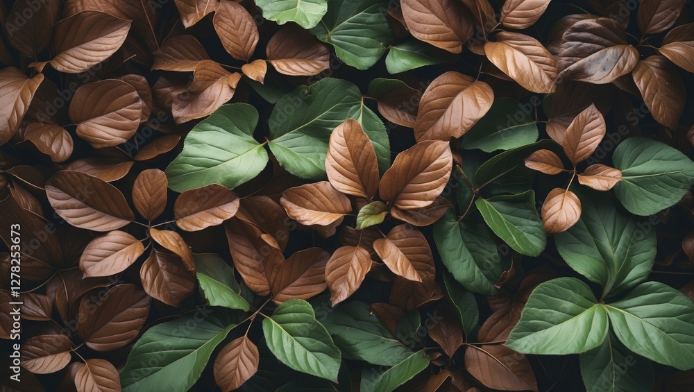 Poster brown and green leaves with a natural texture featuring selective focus and empty space for text com