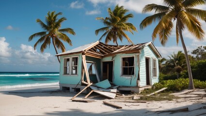 Abandoned Caribbean House on Beach Surrounded by Palm Trees with Clear Blue Sky and Ocean Ideal for Travel or Nature Themes