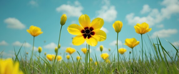 Fototapeta premium Vibrant Yellow Wildflowers Against a Blue Sky and Lush Green Grass in a Picturesque Spring Landscape