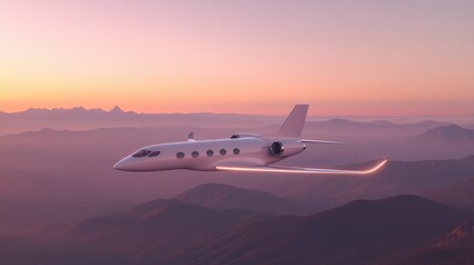 Sleek private jet soaring above majestic mountains at sunset, sh
