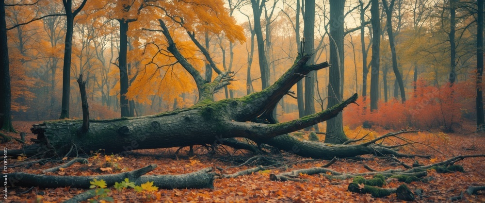 Poster autumn forest scene with fallen tree and colorful foliage featuring empty space for text or graphic 