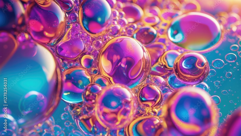 Poster colorful close-up of iridescent bubbles on a gradient background with space for text or design eleme