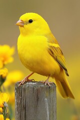 Vibrant yellow canary perched on weathered wooden post amid blurred floral backdrop in natural light avian stock photo