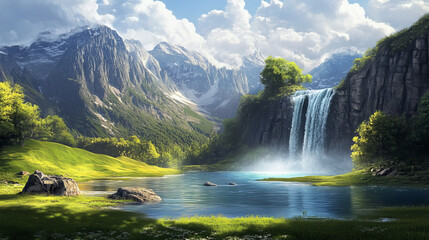 Waterfall landscape with river or lake vector illustration. Water cascade in rock paradise scene. Grass valley fantasy summer picture. Beautiful game park with riverside to travel. Cloud in sky