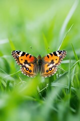 Obraz premium Vibrant painted lady butterfly resting gracefully amidst lush green grass in a sunlit meadow close up view