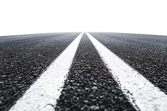 A curved asphalt road with white lines isolated on white background.PNG