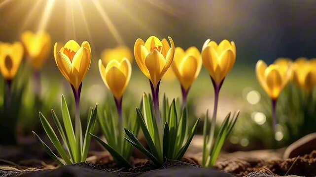 Yellow crocuses blooming in garden soil under golden sunset rays, spring flowers in warm evening light. Concept of gardening services, florist business, seamless looping video.