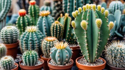 Obraz premium Diverse collection of cacti in pots showcasing unique shapes and textures, ideal for desert-themed gardens and succulent enthusiasts.