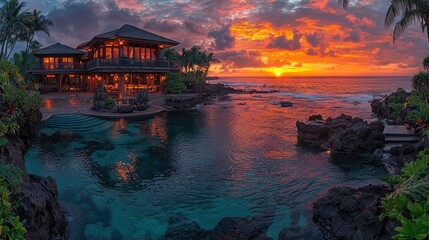 Stunning sunset over a luxurious oceanfront villa surrounded by palm trees