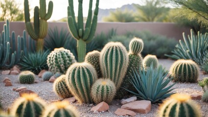 Cacti and Succulents in a Desert Landscape Under Warm Summer Sunlight