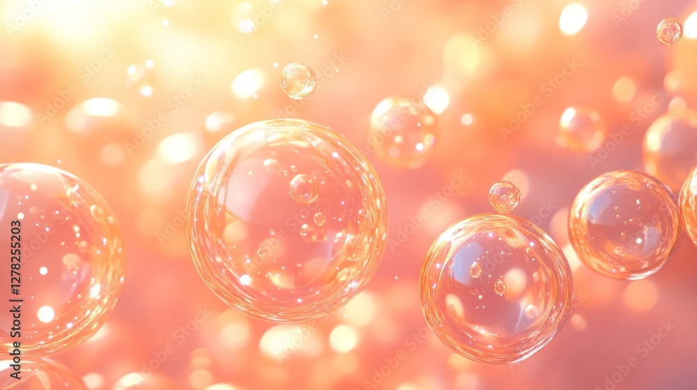 Poster beautiful floating bubbles with light and a soft orange background