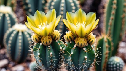 Vibrant Yellow Cactus Flowers Blooming Amidst Spiky Green Cacti with Copy Space for Text or Branding