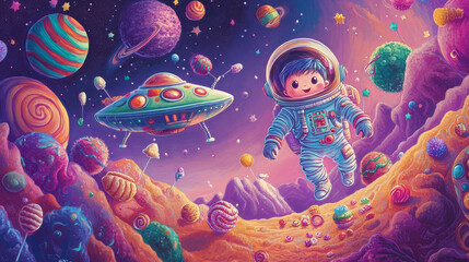 Space party cartoon banners with cute kid astronaut and alien in ufo saucer on fantasy planet landscape with sweets and candies around. Birthday celebration invitation, cosmic themed vector posters