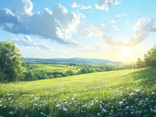 Serene meadow landscape with vibrant wildflowers under a bright blue sky and soft clouds and distant rolling hills in the background