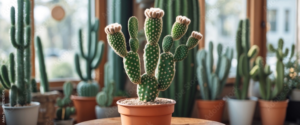 Poster stylish cactus arrangement in a modern indoor space with copious natural light and empty area for cu