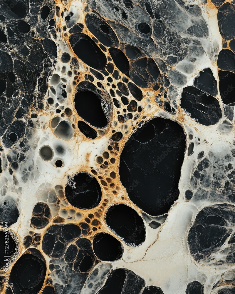 Poster abstract marble texture with black holes and white veins creating a unique and organic pattern ideal