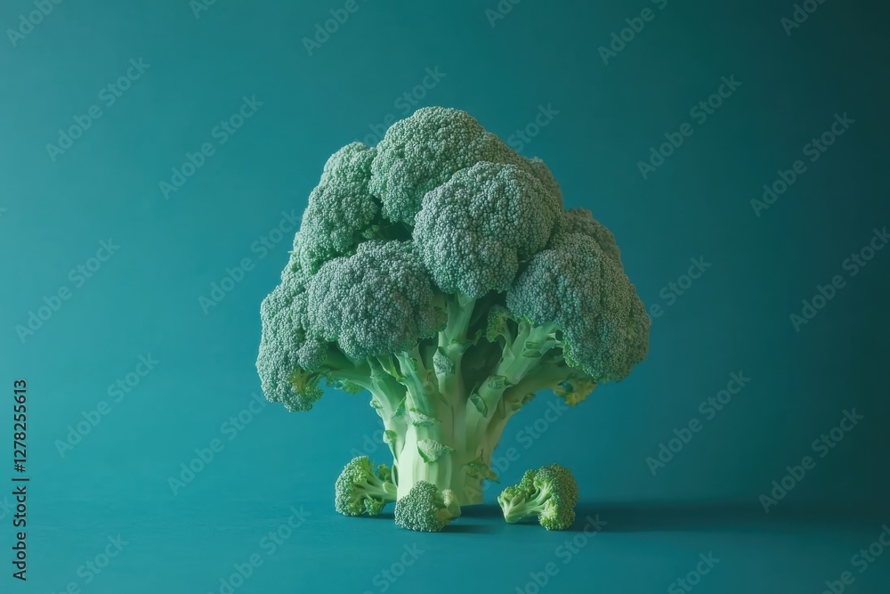 Poster broccoli displayed on a vibrant blue background in an artistic arrangement showcasing its lush textu