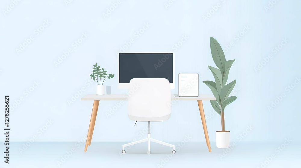 Poster efficient modern workspace with dual monitors home office digital setup minimalist design front view