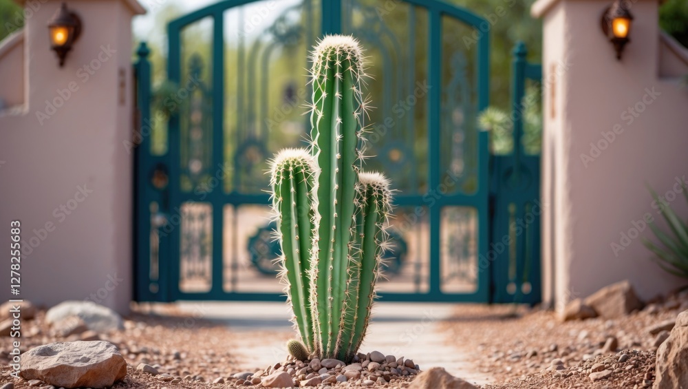 Poster cactus in front of ornate entrance gate showcasing drought resistance and unique shape with ample sp