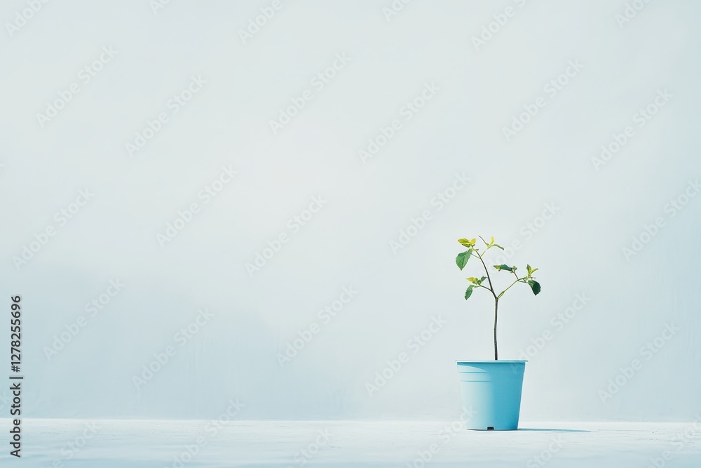 Aufkleber small plant grows in a blue pot under soft light in a minimalistic setting