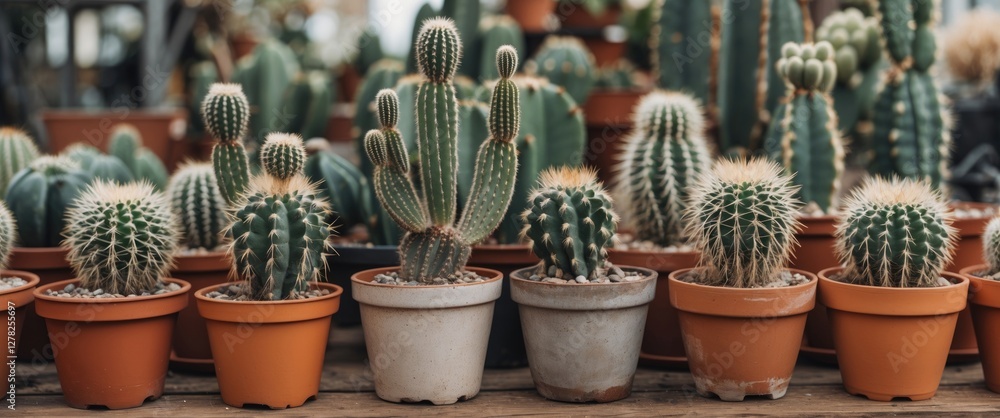 Poster decorative cacti in pots with natural background and space for personalized text addition