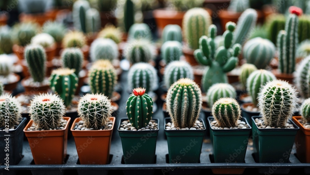 Poster diverse collection of cacti in small pots arranged neatly on a tray in a greenhouse setting
