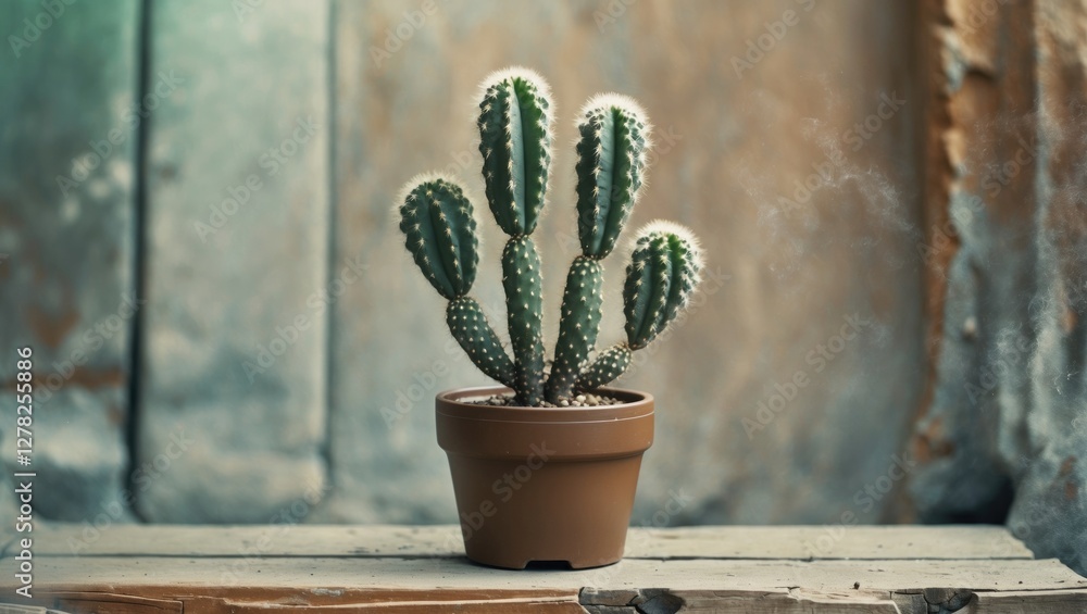 Poster cactus in a rustic brown pot on a wooden table with a textured background and ample copy space for y