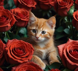 red cat on a background of roses