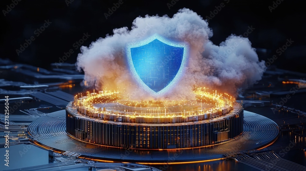 Poster a glowing blue security shield in front of cloud-based servers, symbolizing cybersecurity.