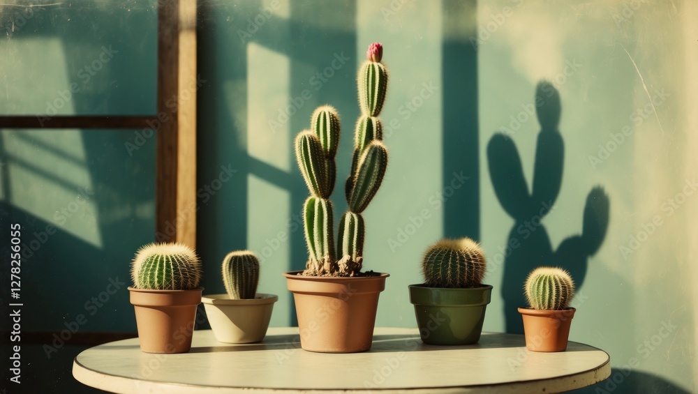 Poster various cacti in flower pots displayed on a table with soft natural light and shadows against a colo
