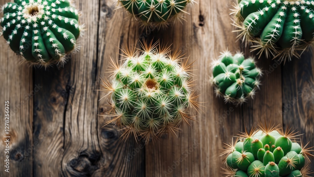 Poster cacti arrangement on rustic wood surface with copy space for text decorative and natural background 