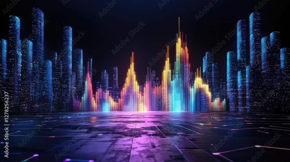 Poster a glowing, futuristic financial chart with tech-inspired lines, visualizing data on a dark backgroun