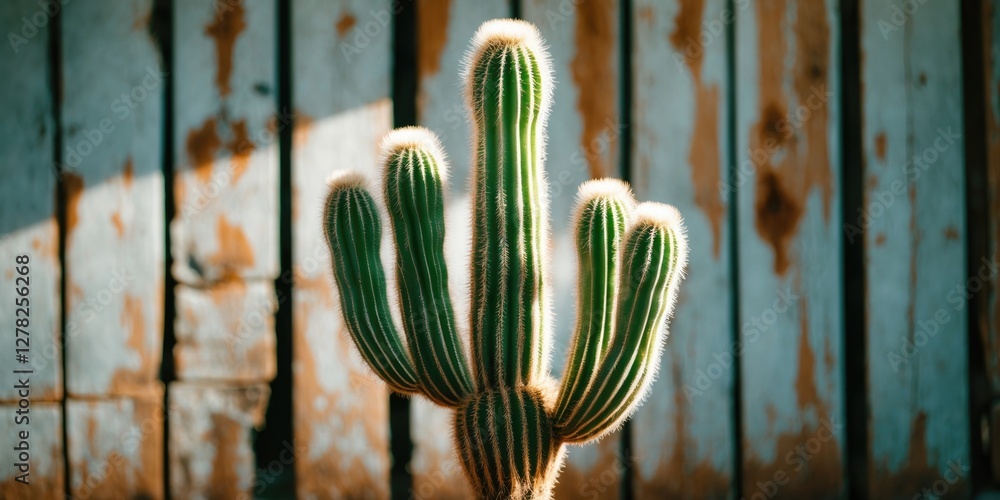 Poster cactus plant with soft focus against rustic wooden background and copy space for text placement
