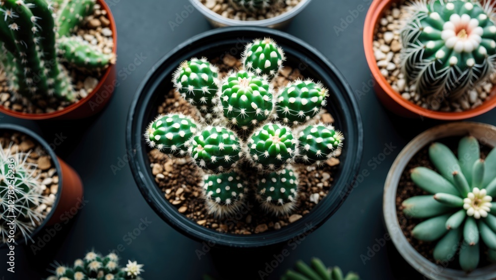 Poster cactus collection in various pots displayed from above showing unique varieties and textures on dark