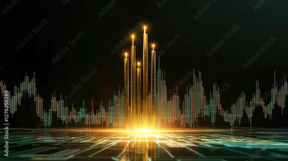 Poster a glowing, futuristic financial chart with tech-inspired lines, visualizing data on a dark backgroun