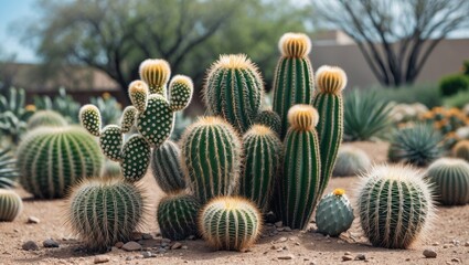Obraz premium Diverse Collection of Decades-Old Ornamental Cacti in a Desert Landscape with Unique Shapes and Textures