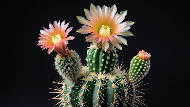 Colorful Cactus Pediocactus with Vibrant Flowers Isolated on Black Background Capturing Nature's Beauty and Resilience in Detail