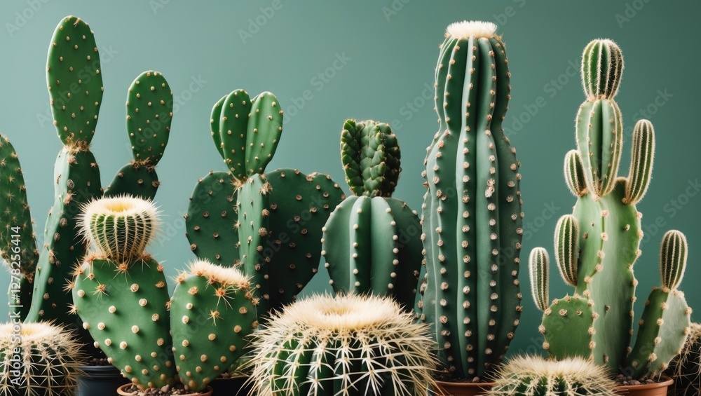 Poster diverse cactus plants displayed against solid background with space for custom text and design eleme
