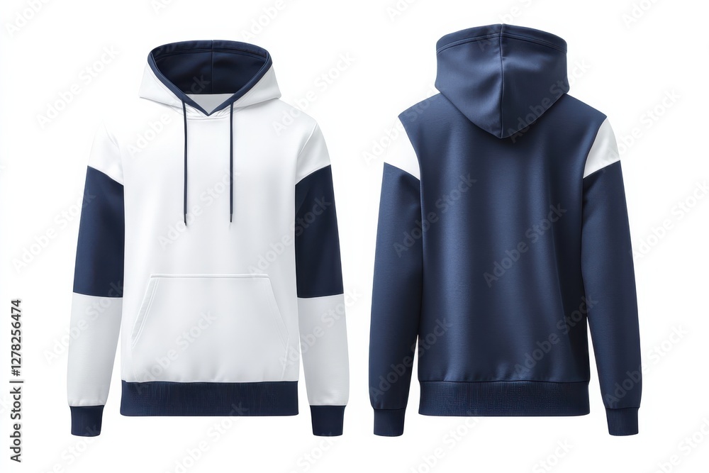 Poster navy and white hooded sweatshirt displayed from front and back views in a studio setting featuring a