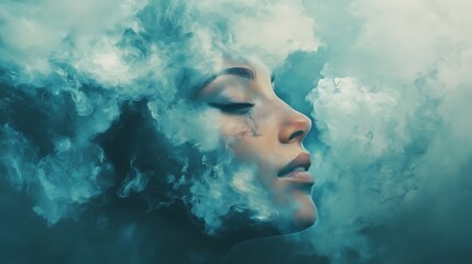 Woman's face partially obscured by ethereal blue smoke or clouds.
