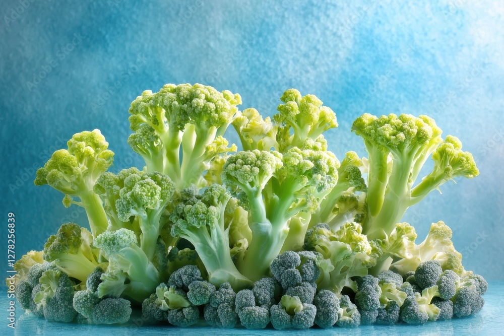Poster fresh broccoli displayed on a textured blue background highlighting its vibrant green color and uniq