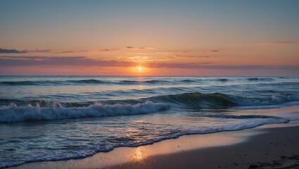 Serene Sunset Over Calm Ocean Waves On A Tranquil Summer Evening Beach