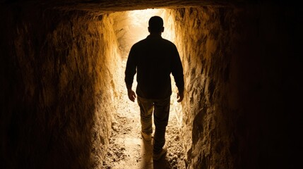 A silhouetted male figure walks confidently through a dimly lit underground tunnel, revealing the stark contrast between darkness and light in a subterranean environment.