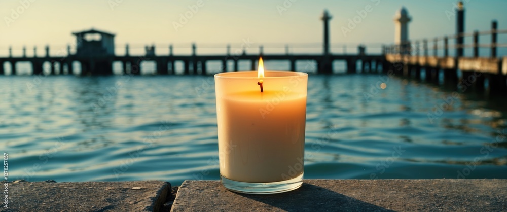 Poster tranquil candlelight on pier overlooking calm waters with space for custom text