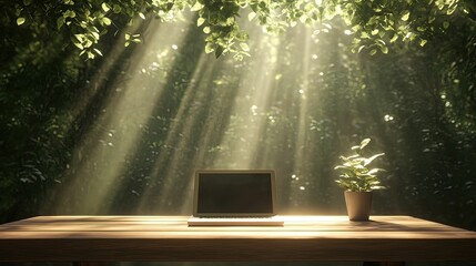 Serene openair workspace with wooden desk enchanted forest digital environment calm atmosphere inspirational viewpoint
