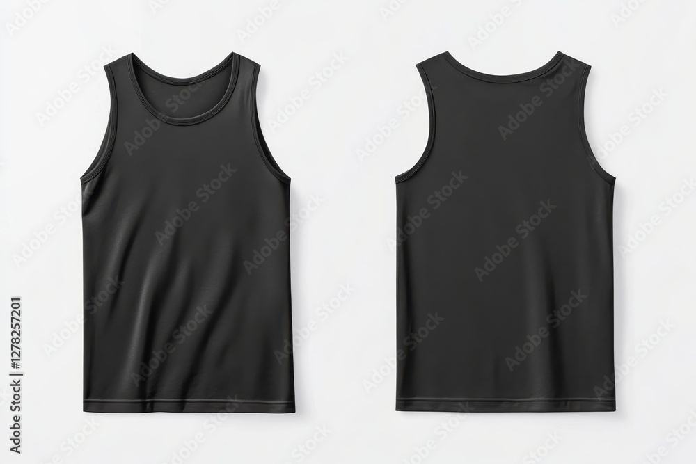 Poster Black tank tops displayed from front and back on a plain background in a minimalist style